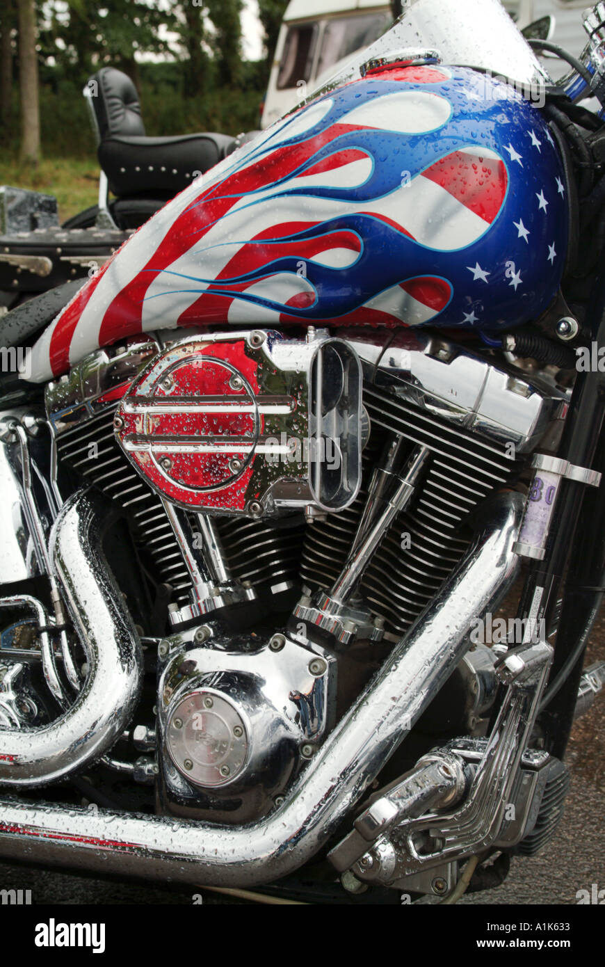 harley davidson custom motor cycle bike v twin american america customised  modified red white and blue stars and stripes america Stock Photo - Alamy