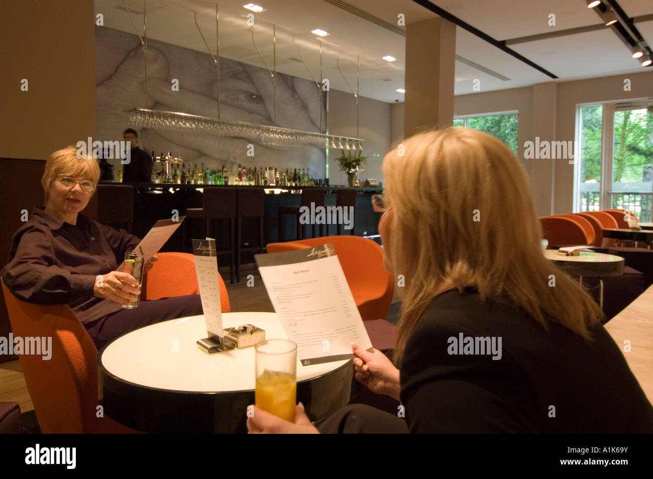 Ladies examine the menu in an hotel bar Stock Photo