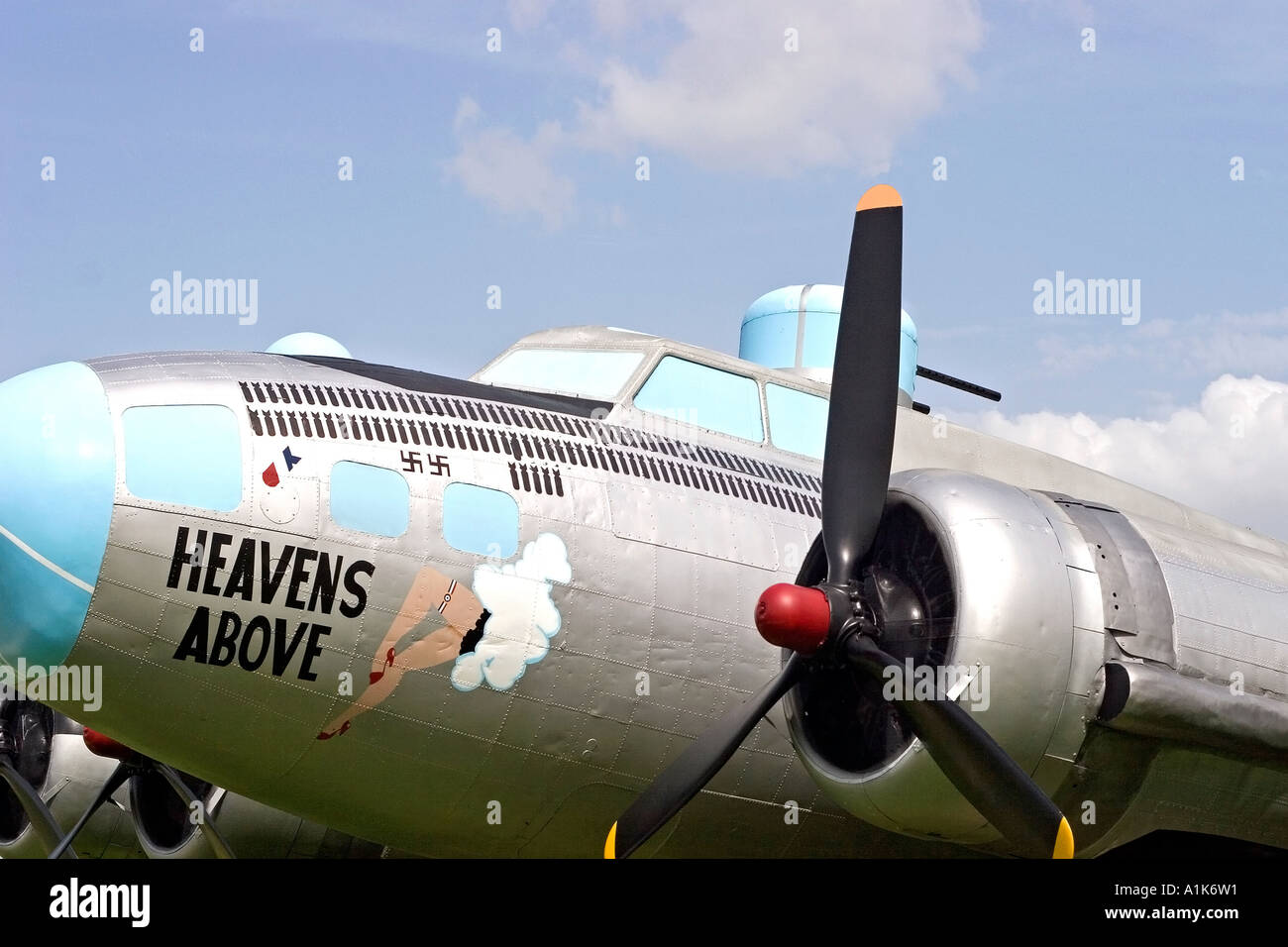 B-17 Heaven's Above Nose Art Stock Photo