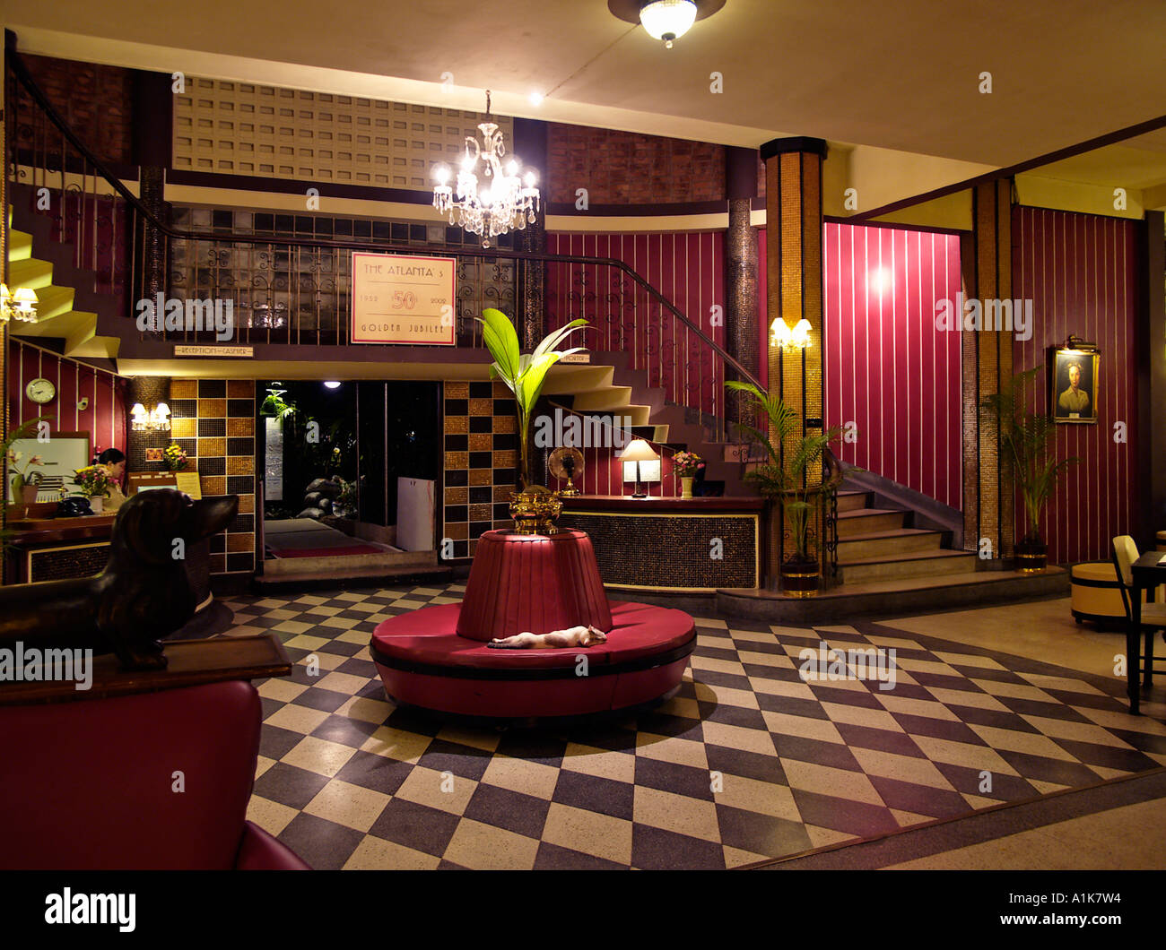 The Atalanta Hotel Lobby is the oldest unaltered 1950's theatrical style lobby in Bankgkok Thailand Stock Photo