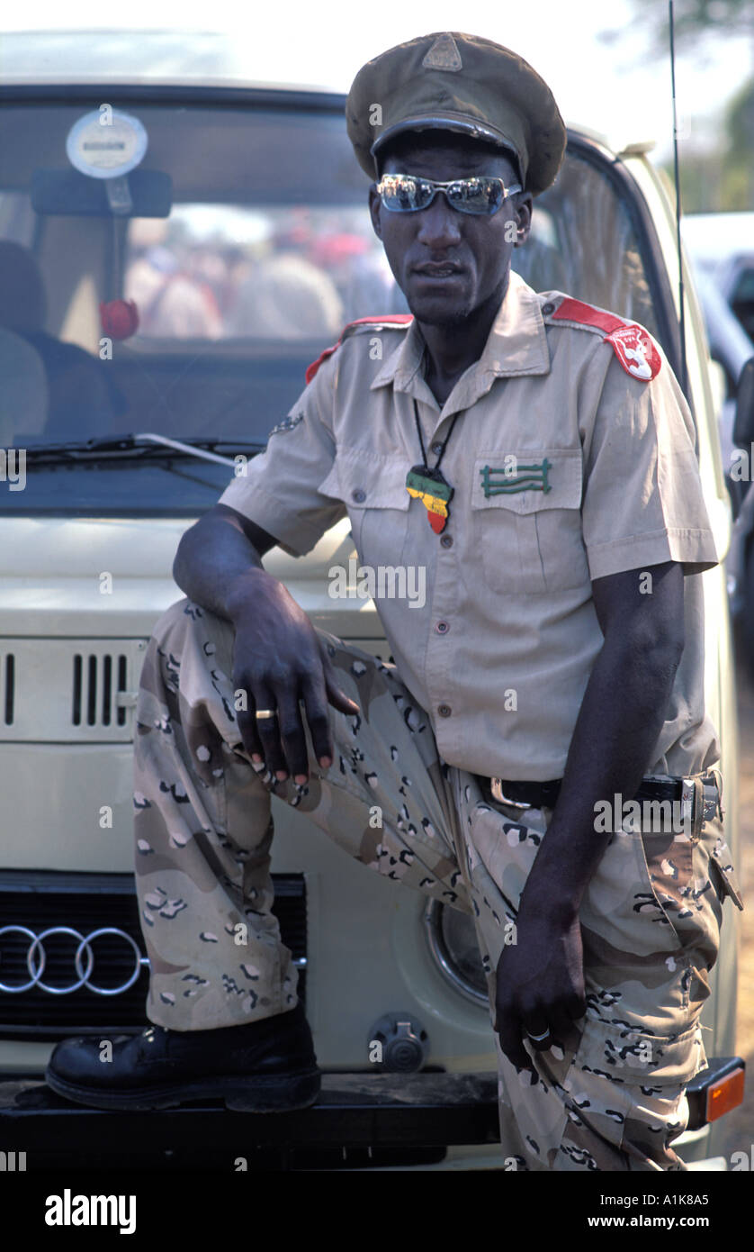 Member of paramilitary style group in uniform for the main Herero festival which falls in August each year Okahandja Namibia Stock Photo