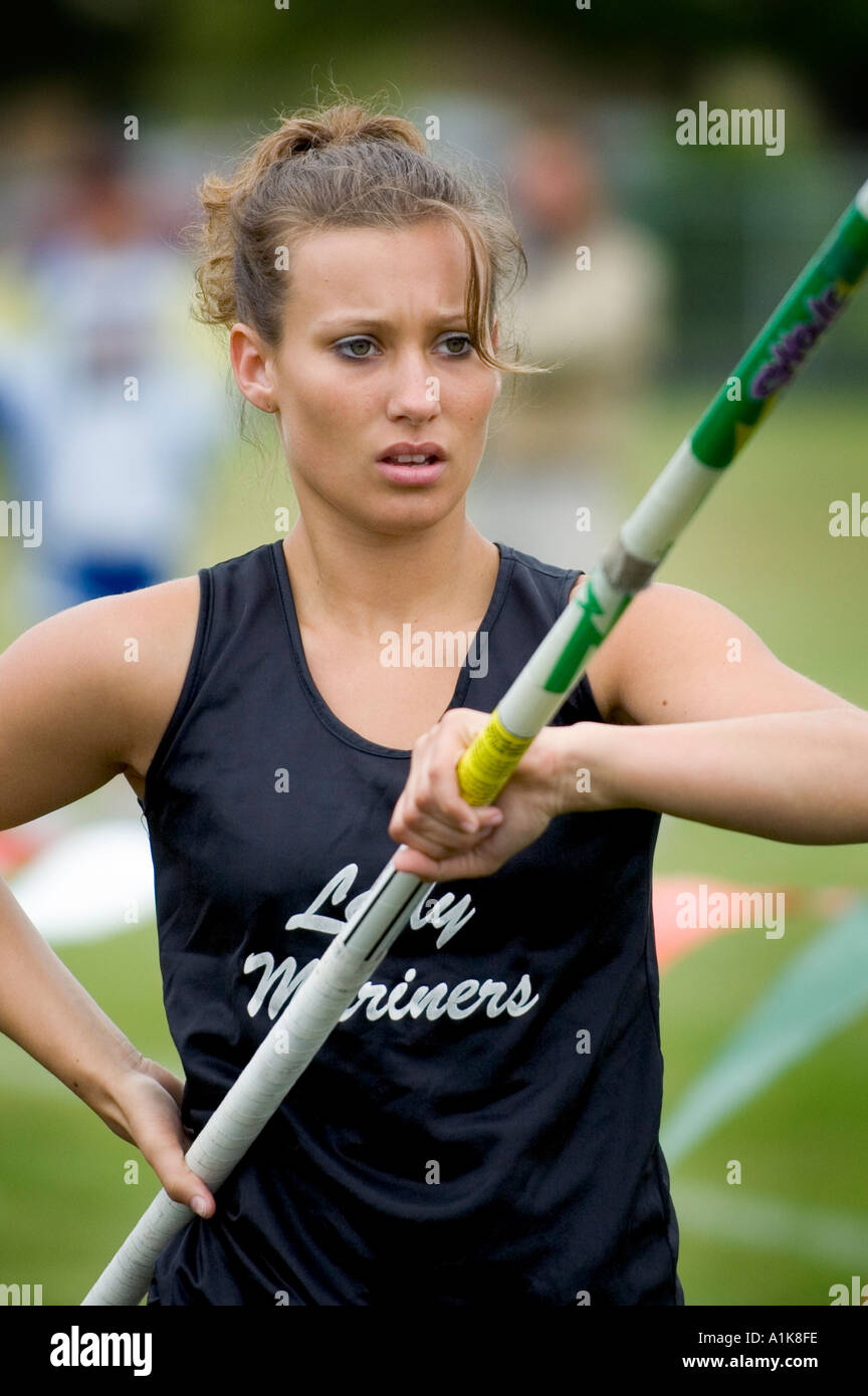 Female pole vaulter competes in event Stock Photo Alamy