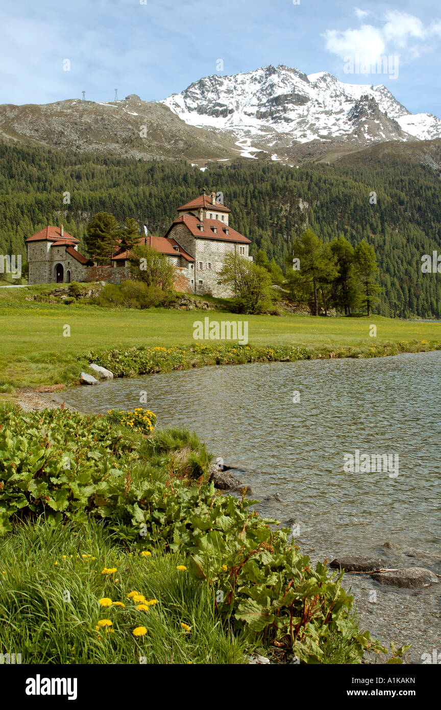 Crap da Sass castle in Silvaplana upon the lake Silvaplana near St. Moritz Engadin cantone of