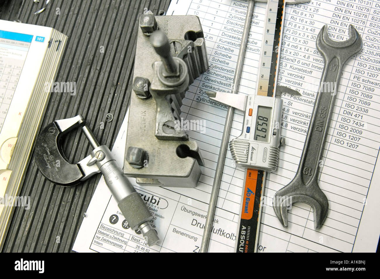 Mechanic. Working place with tools, measurement tool, sliding calliper