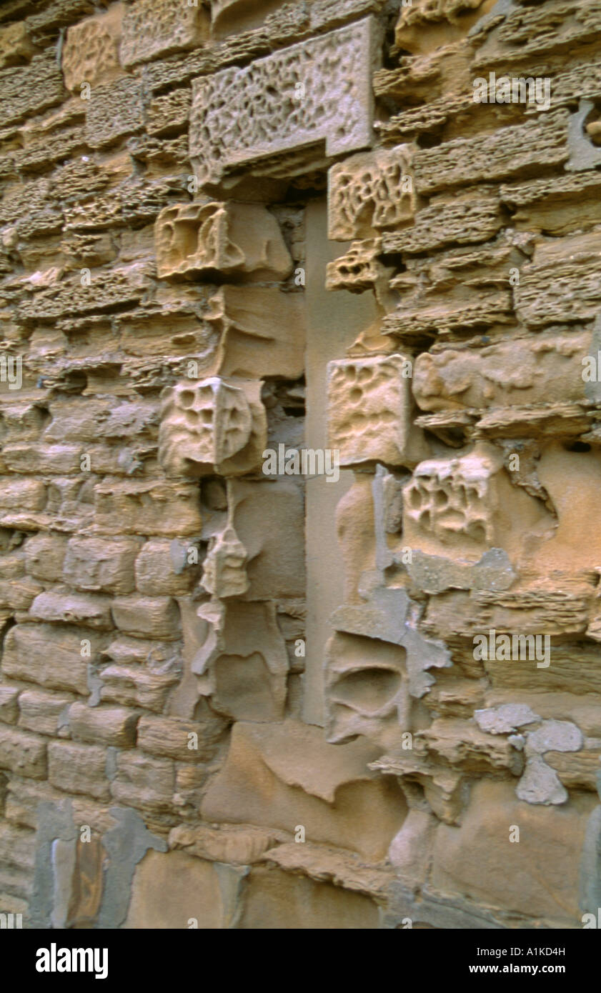 Sandstone wall eroded by wind blown sand, Northumberland coast, England ...
