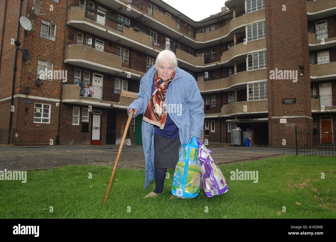 Elderly woman lady female carrying shopping bags on a London tower block Stock Photo