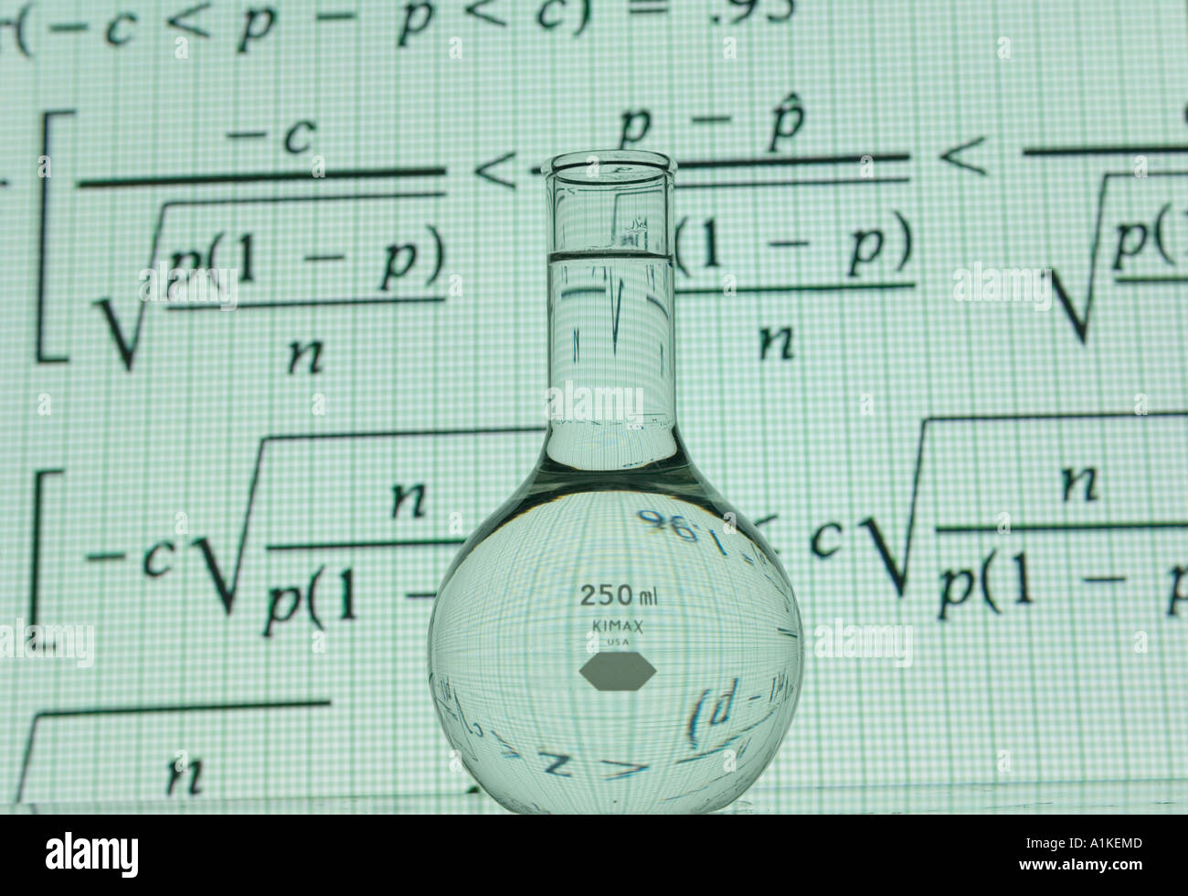 beaker of liquid and math symbols background Stock Photo - Alamy
