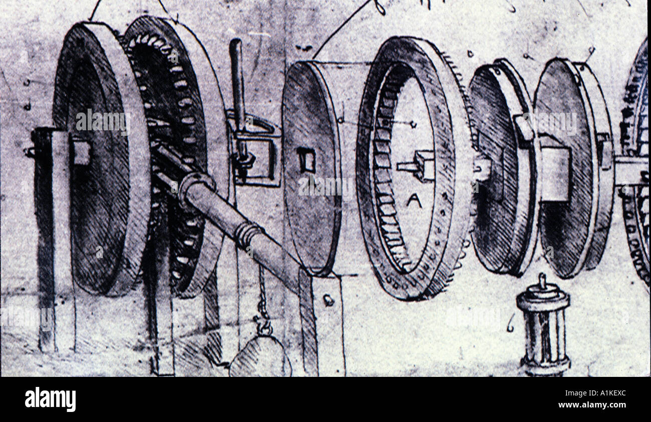 gears and mechanical devices sketched by Leonardo da Vinci Stock Photo