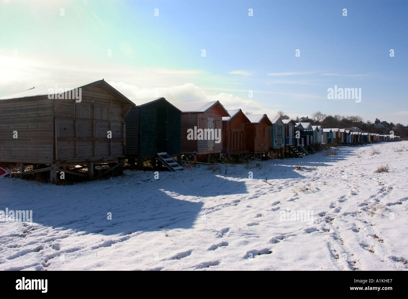 West Beach Whitstable kent Beach Huts in the Snow Stock Photo Alamy