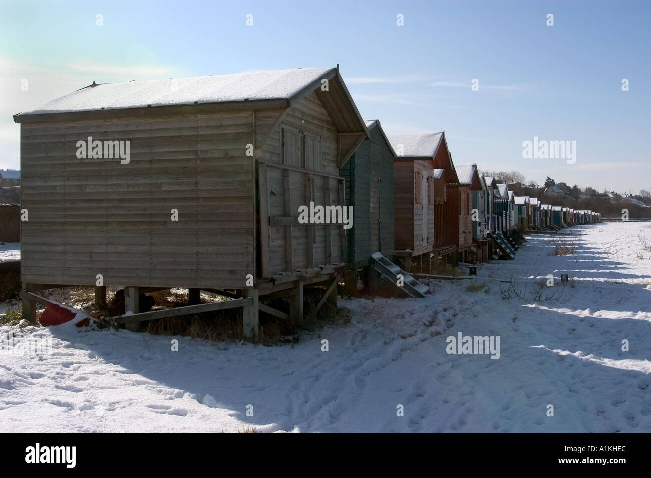 West Beach Whitstable kent Beach Huts in the Snow Stock Photo Alamy