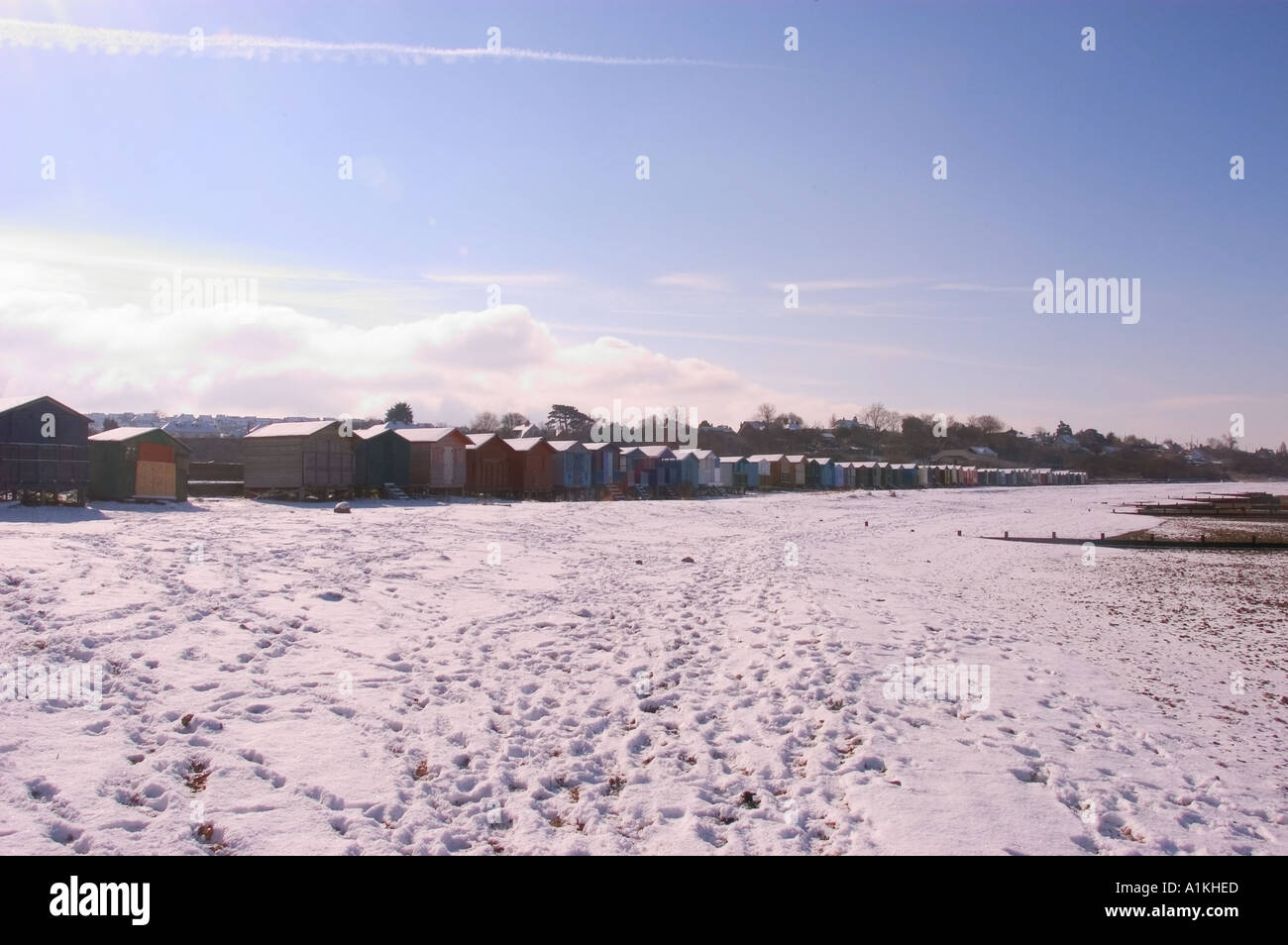 West Beach Whitstable kent Beach Huts in the Snow Stock Photo Alamy