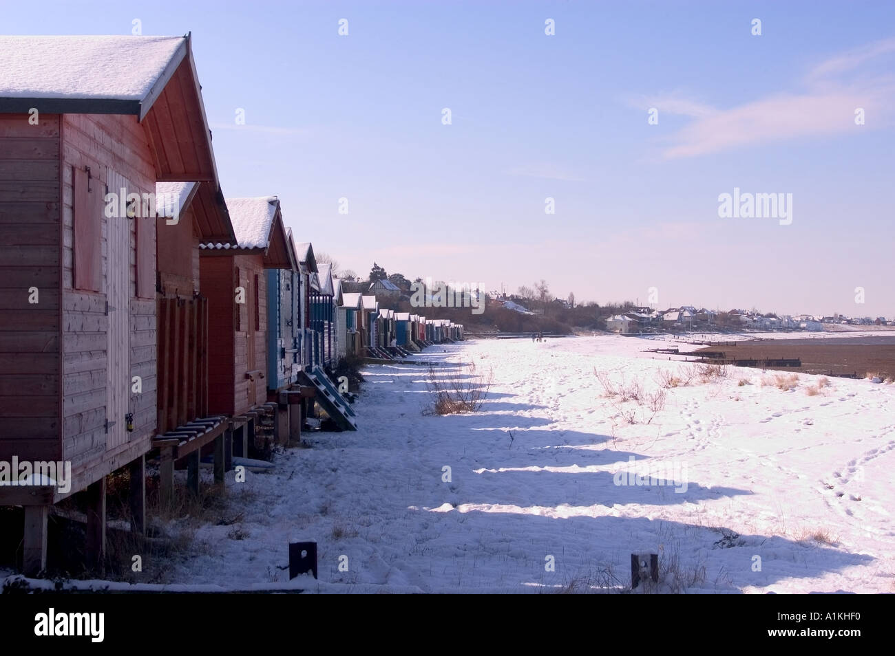 West Beach Whitstable kent Beach Huts in the Snow Stock Photo Alamy