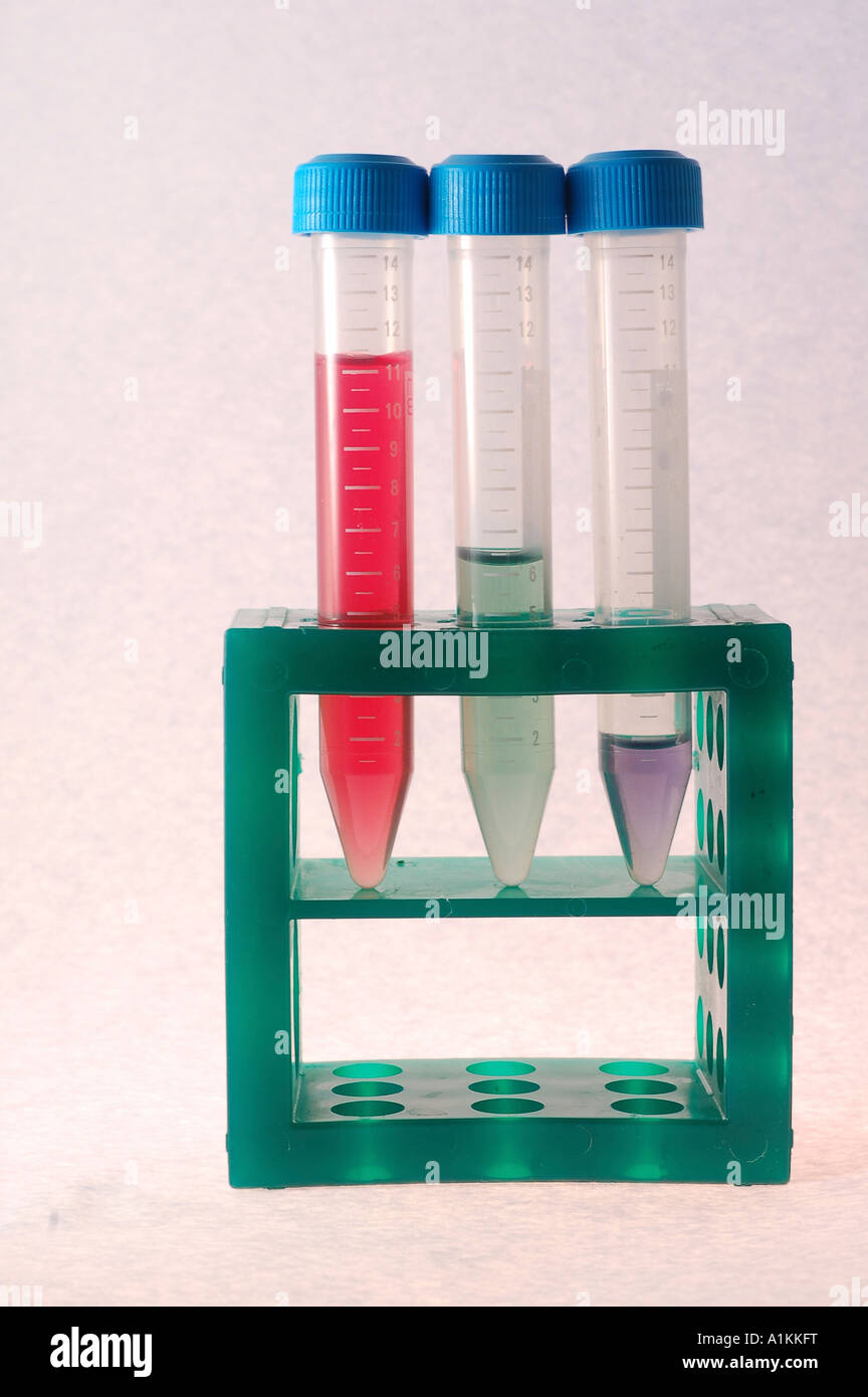 3 Test tubes in a tube rack Stock Photo