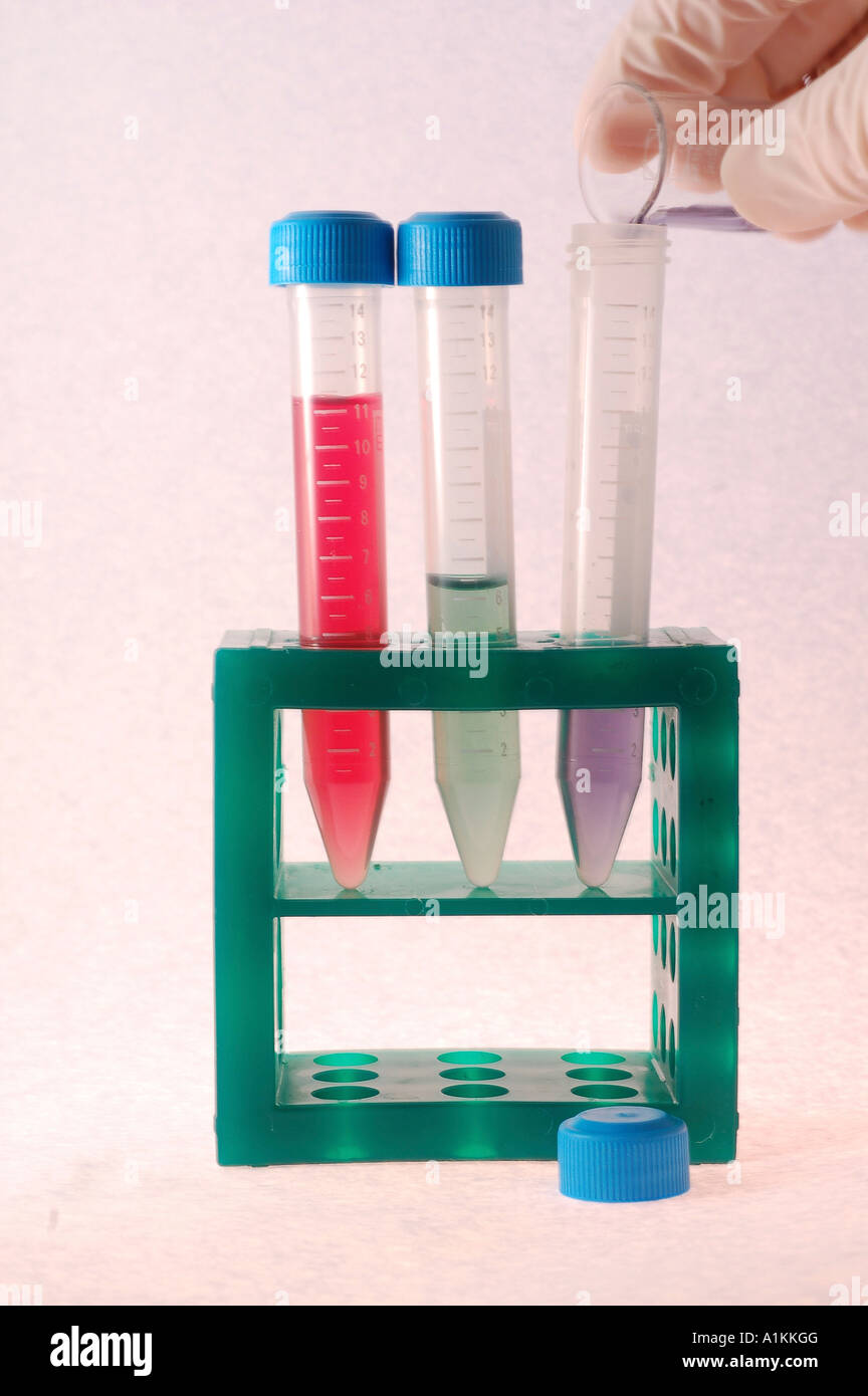 Adding chemicals to 3 test tubes in a tube rack Stock Photo