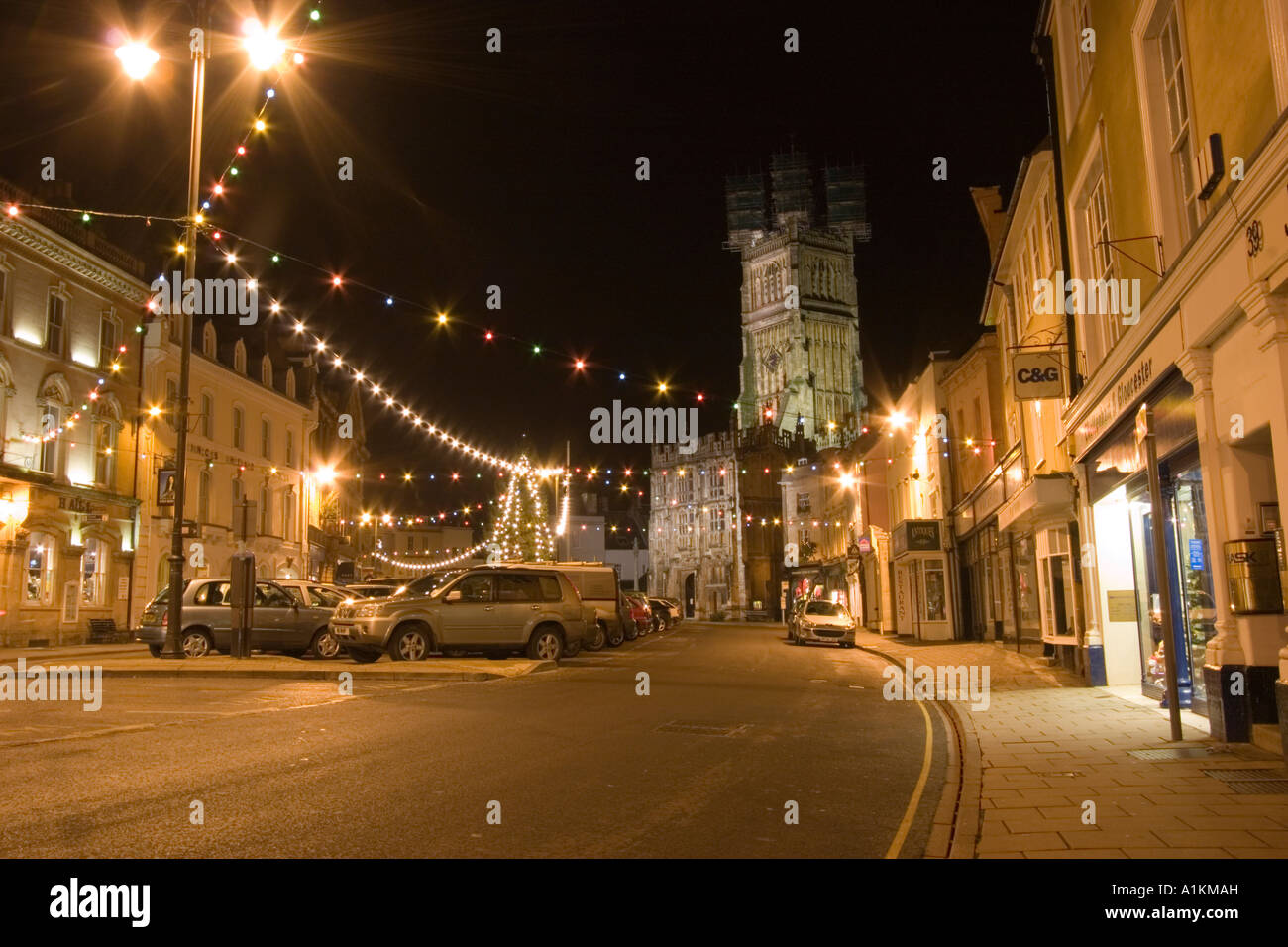 Cirencester high street with Christmas lights and decorations Stock Photo