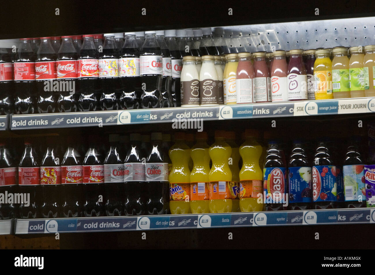 Soft drinks for sale in shop fridge Stock Photo Alamy