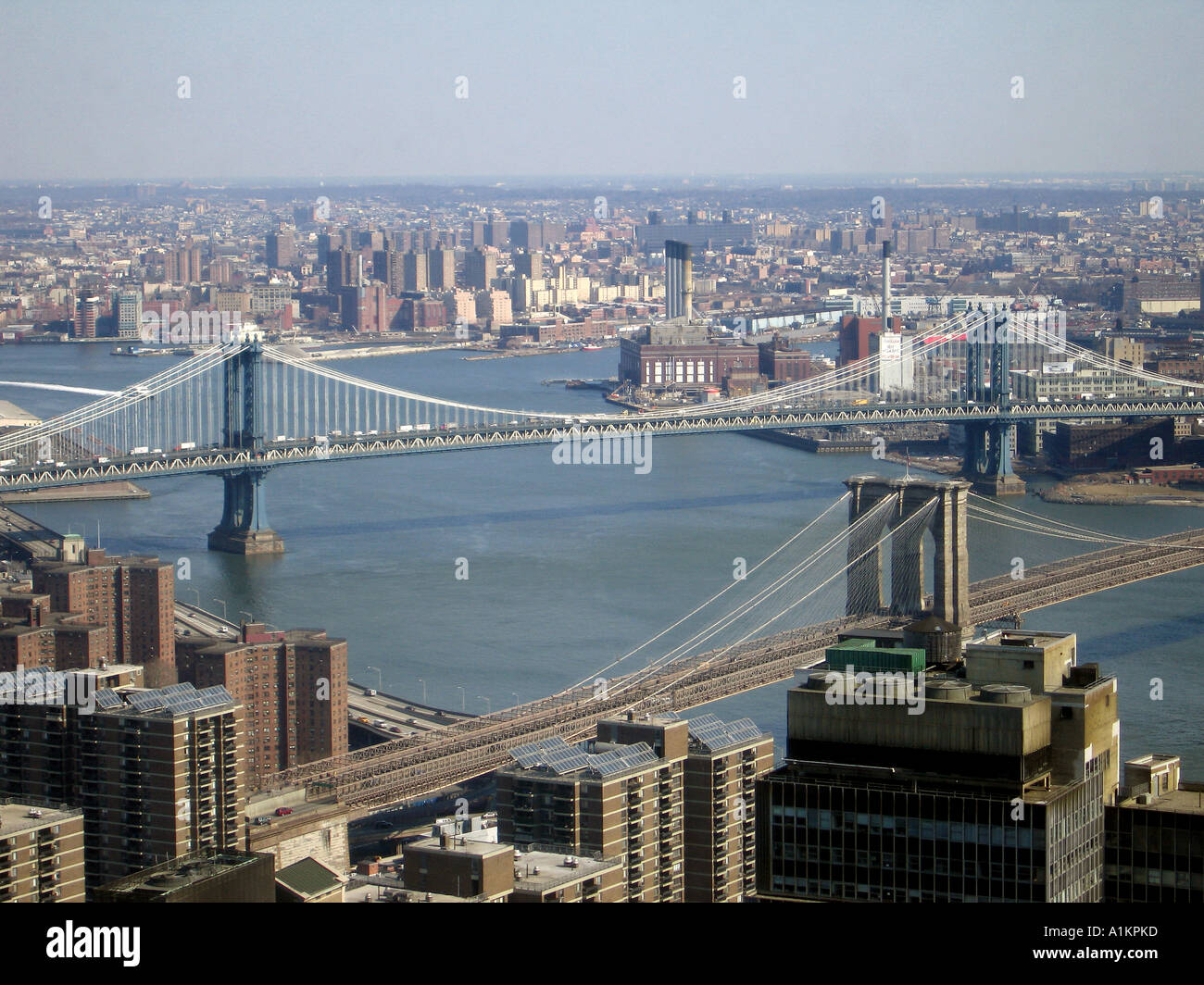 Aerial Skyline manhattan and brooklyn bridges in NYC, USA Stock Photo ...