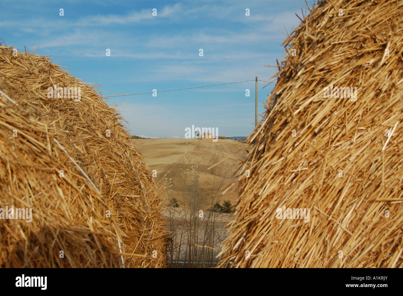 Italy Tuscany piles of hay on a farm Stock Photo