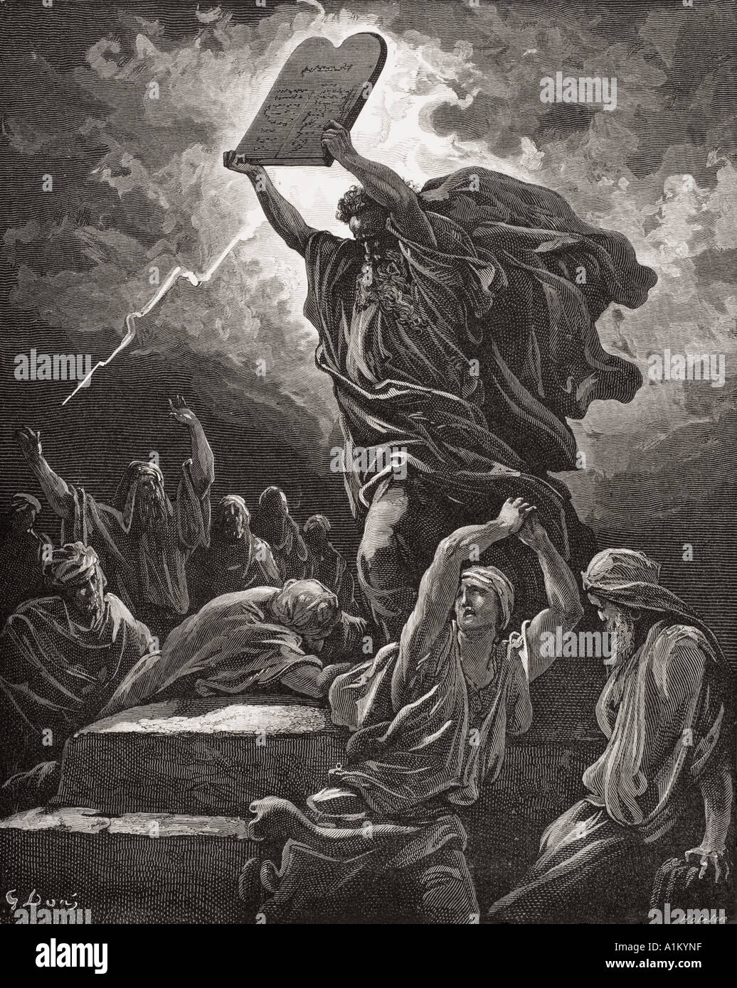 Engraving from The Dore Bible illustrating Exodus xxxii 19. Moses Breaking the Tables of the Law by Gustave Dore Stock Photo