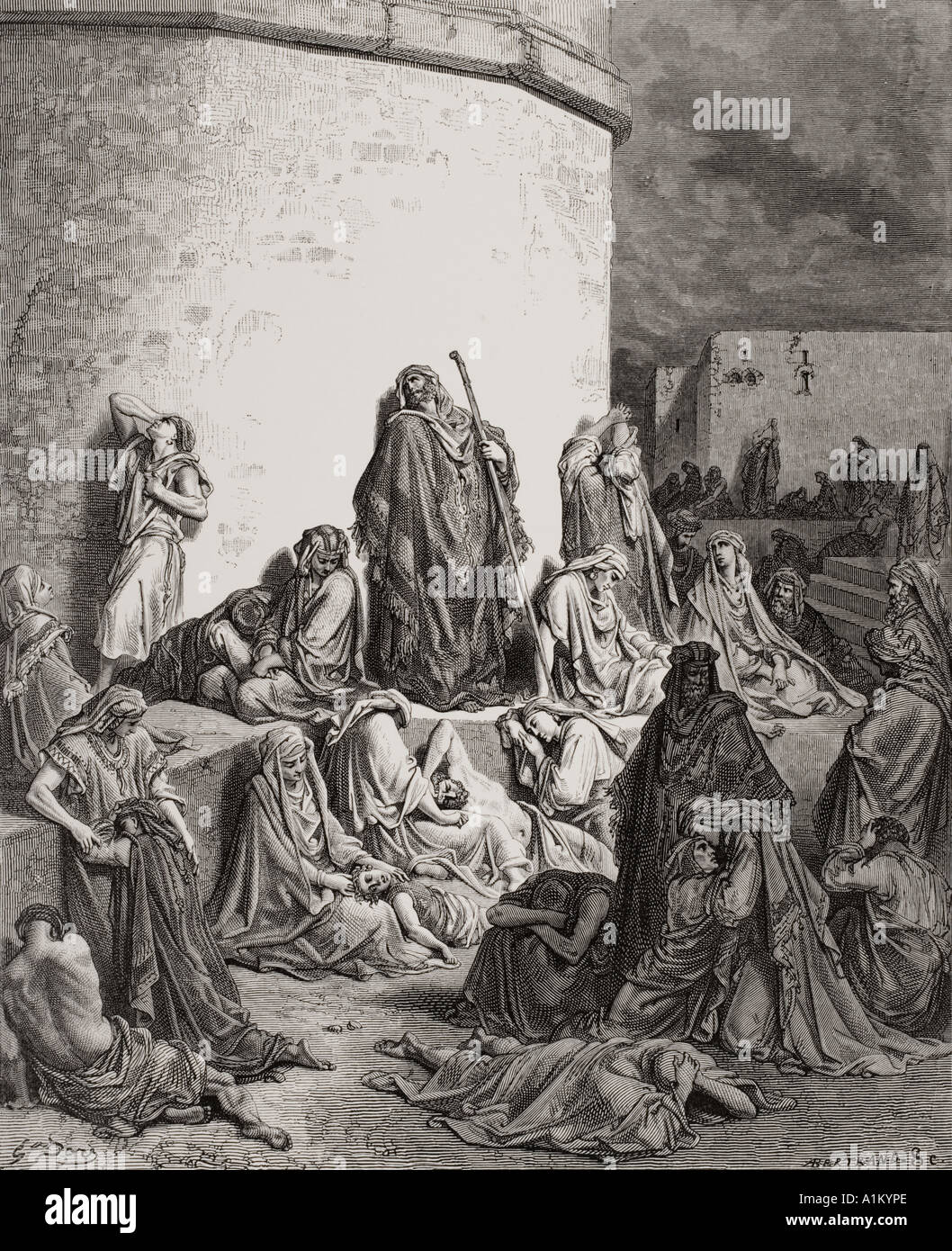 Engraving from The Dore Bible illustrating Lamentations i 1 and 2. The People Mourning over the Ruins of Jerusalem by Dore Stock Photo