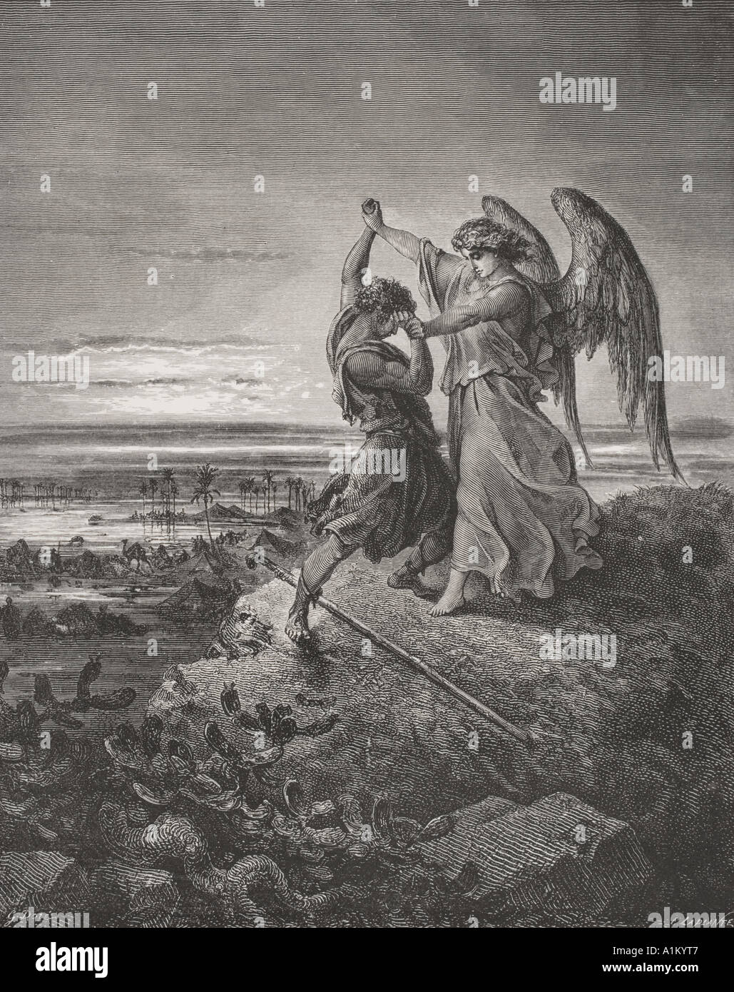 Engraving from the The Dore Bible illustrating Genesis xxxii 24 to 32. Jacob Wrestling With The Angel by Gustave Dore Stock Photo