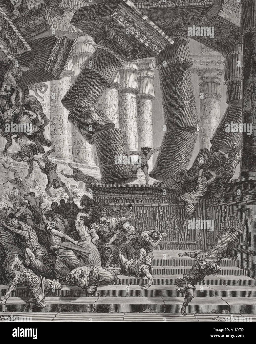 Engraving from the The Dore Bible illustrating Judges xvi 28 to 30. Death of Samson by Gustave Dore Stock Photo