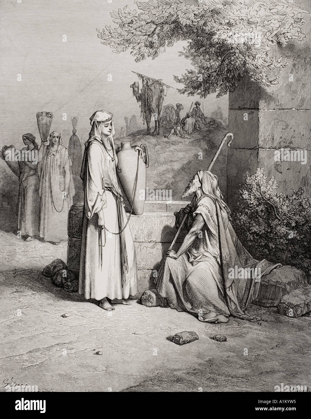 Engraving from The Dore Bible illustrating Genesis xxiv 15 to 21. Eliezer and Rebekah by Gustave Dore Stock Photo