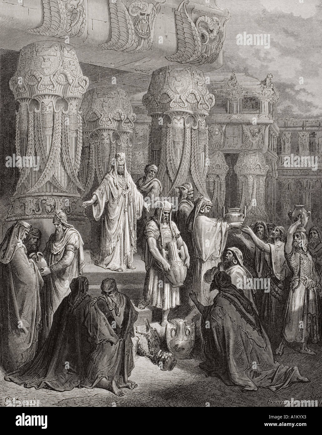 Engraving from The Dore Bible illustrating Ezra i 7 to 11. Cyrus Restoring the Vessels of the Temple by Gustave Dore Stock Photo