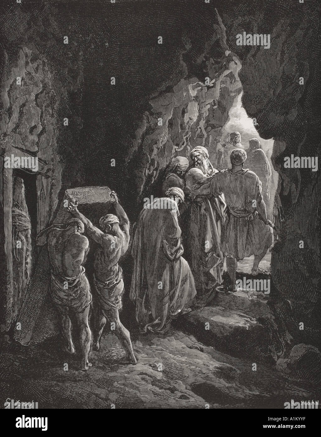 Engraving from The Dore Bible illustrating Genesis xxiii 19 and 20.  The Burial of Sarah by Gustave Dore Stock Photo