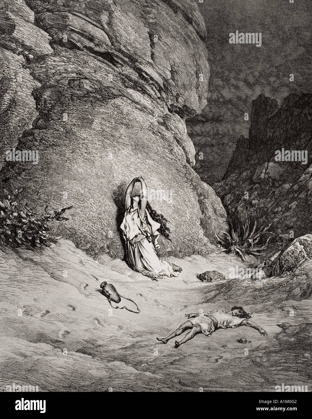 Engraving from The Dore Bible illustrating Genesis xxi 14 to 19. Hagar and Ishmael in the Desert by Gustave Dore Stock Photo