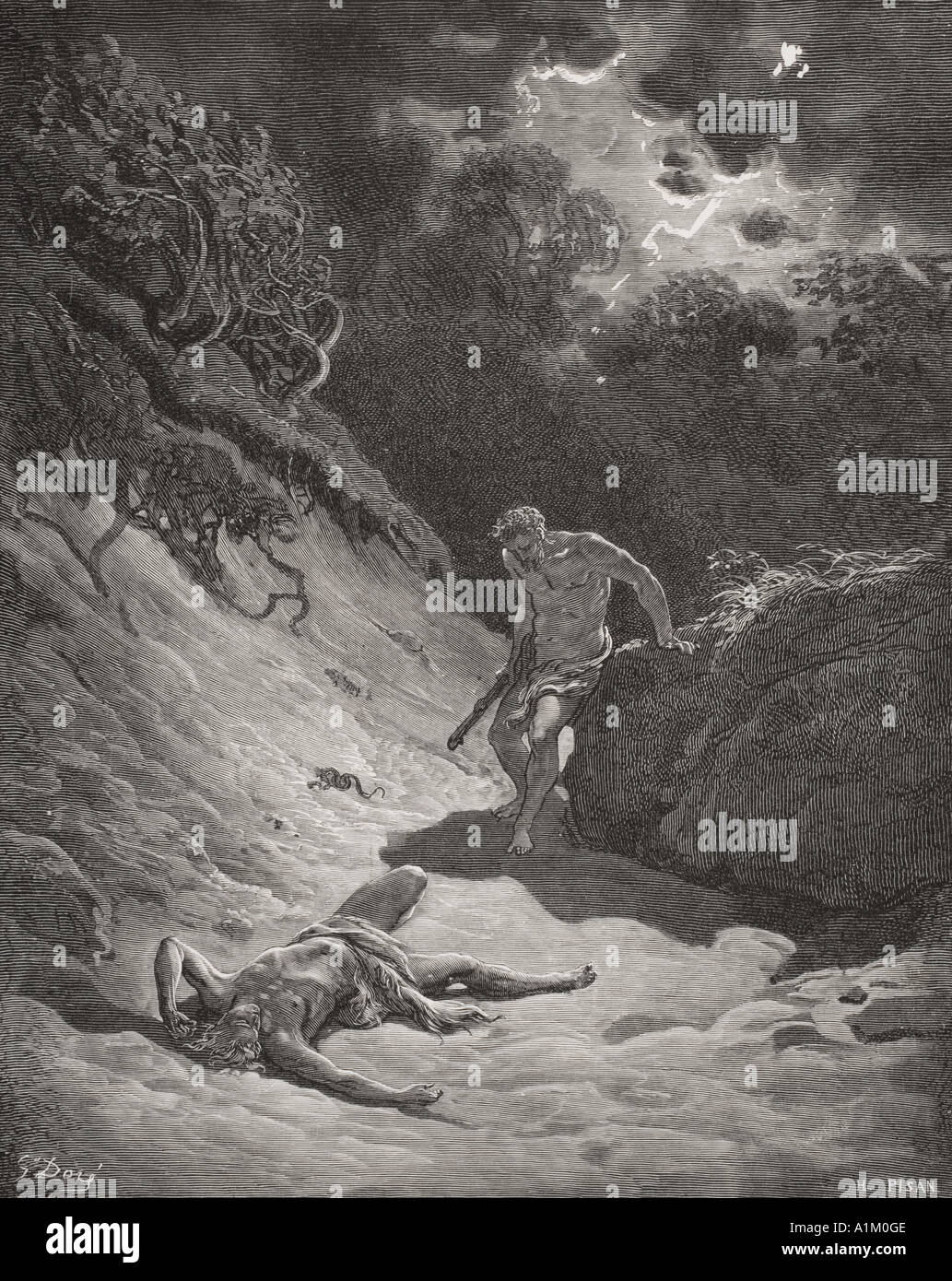 Engraving from The Dore Bible illustrating Genesis iv 6 to 12. The Death of Abel by Gustave Dore Stock Photo
