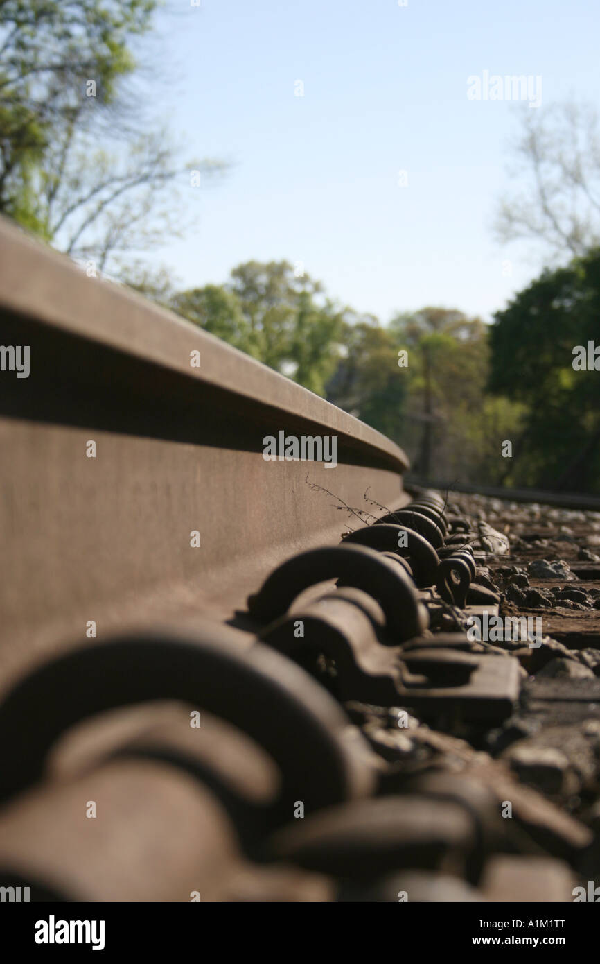 Side View of Railroad Train Tracks and Rail Stock Photo