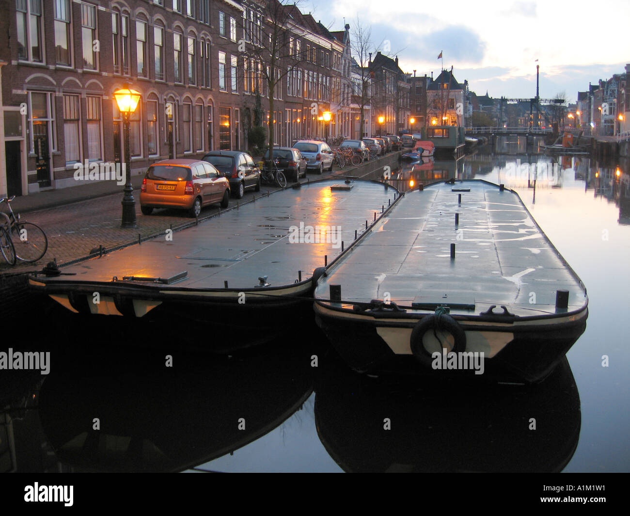 Two ships in a canal in Leiden Holland Stock Photo