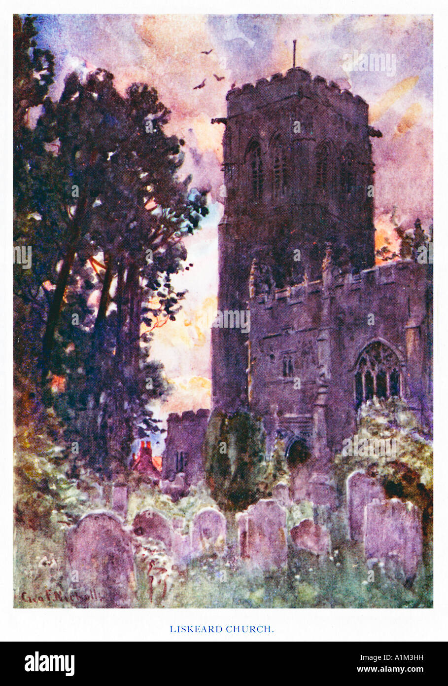 Liskeard Church Edwardian watercolour of the church in the Cornish town Stock Photo