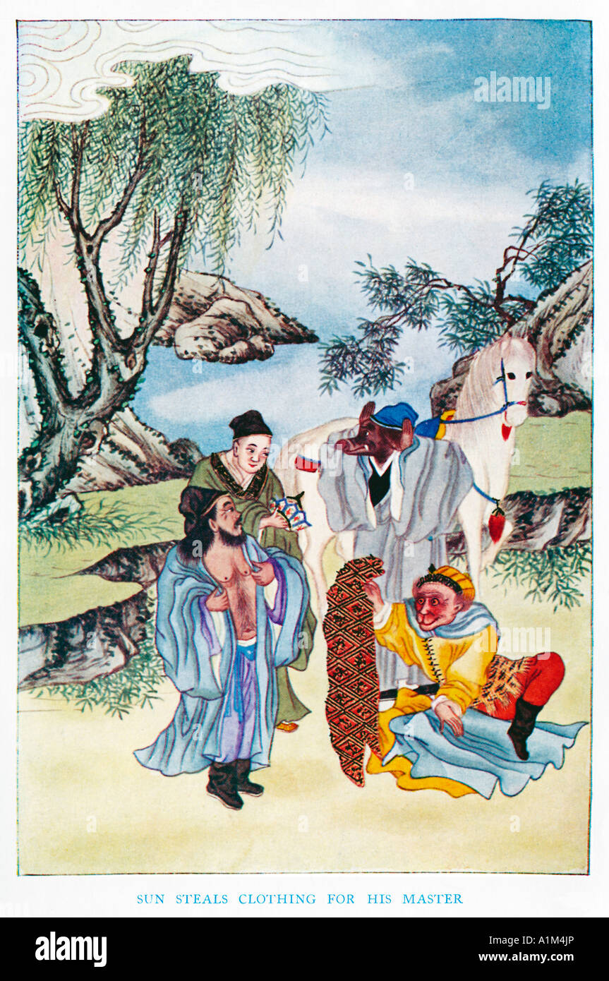 Sun Steals Clothing For His Master 1920s illustration by a Chinese artist from a book on Myths and Legends of China Stock Photo