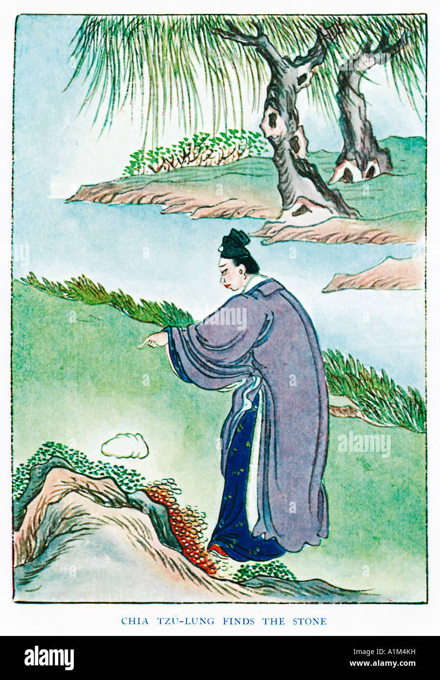 Chia Tzu Lung Finds The Stone 1920s illustration by a Chinese artist from a book on Myths and Legends of China Stock Photo