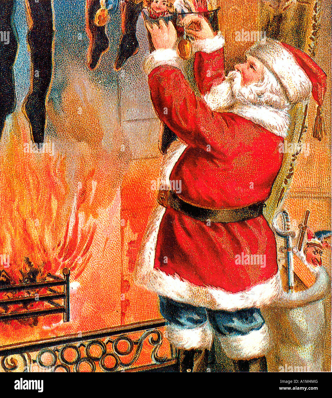 Santa Fills The Stockings Victorian illustration of the visit of Father Christmas with a roaring fire in the grate Stock Photo