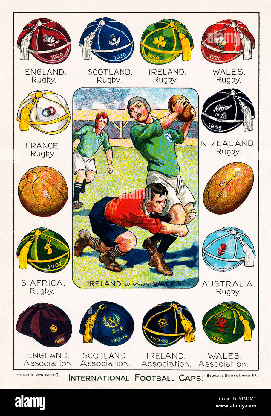 International Football Caps 1920 print of the headgear awarded for test rugby and association football Stock Photo