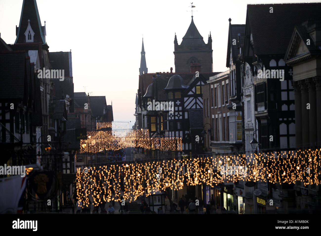 Chester Christmas Lights, Eastgate Street.UK Stock Photo