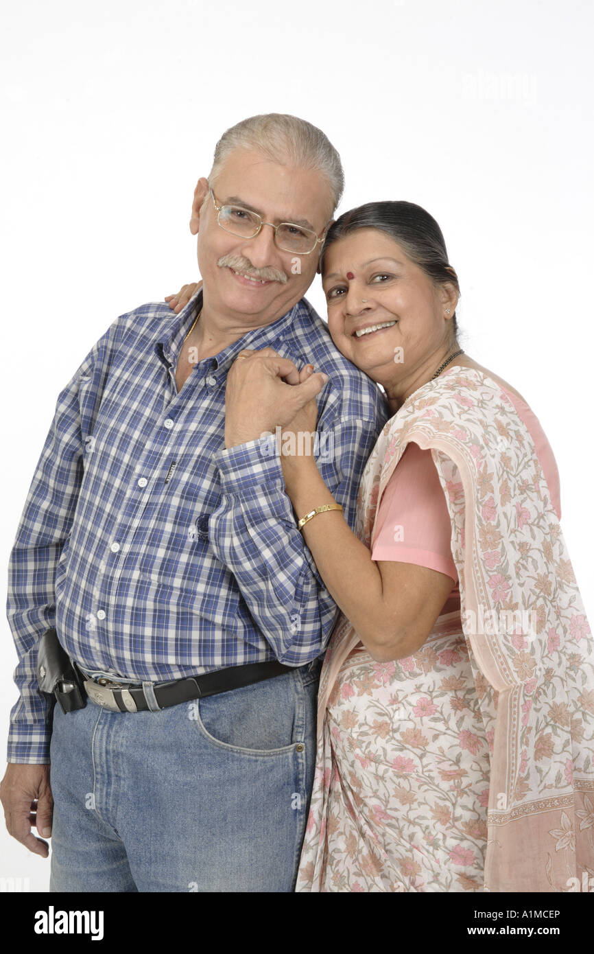 Indian old senior couple on white background - MR# Stock Photo