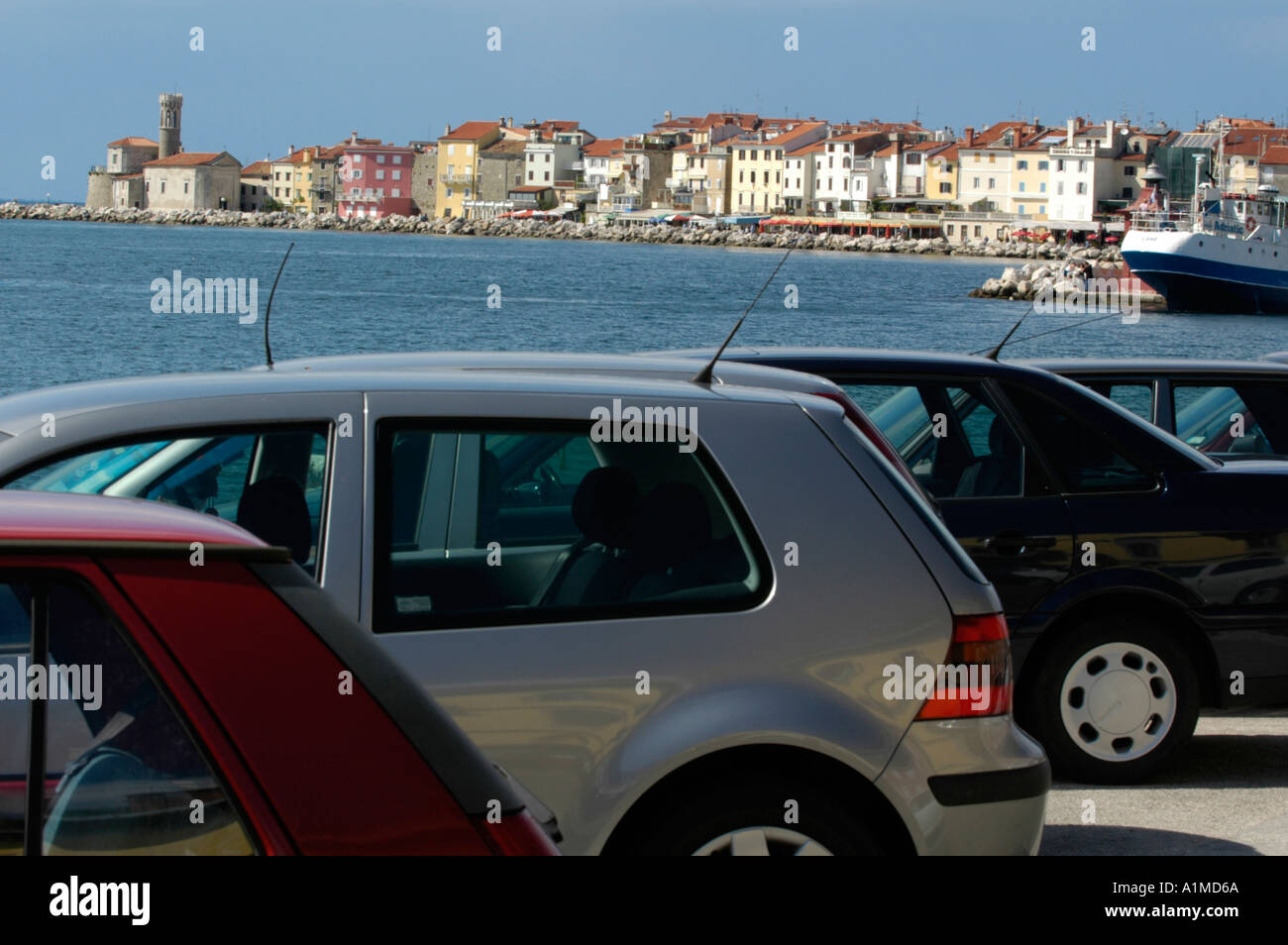 Piran, parking cars on city edge Stock Photo Alamy