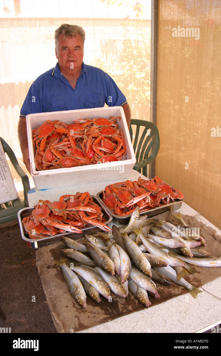 Silver whiting fish and cooked blue crabs Australia Stock Photo Alamy