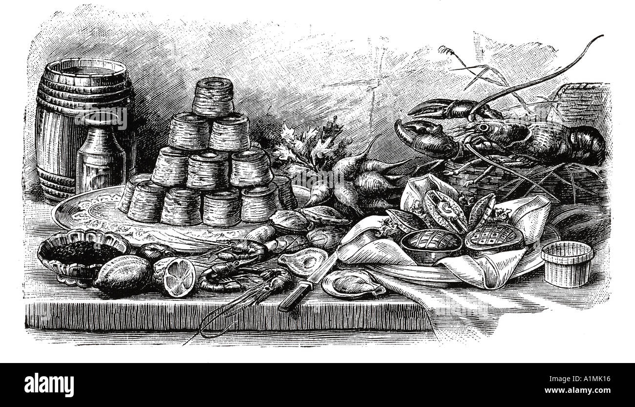 Buffet with pies and seafood illustration Stock Photo