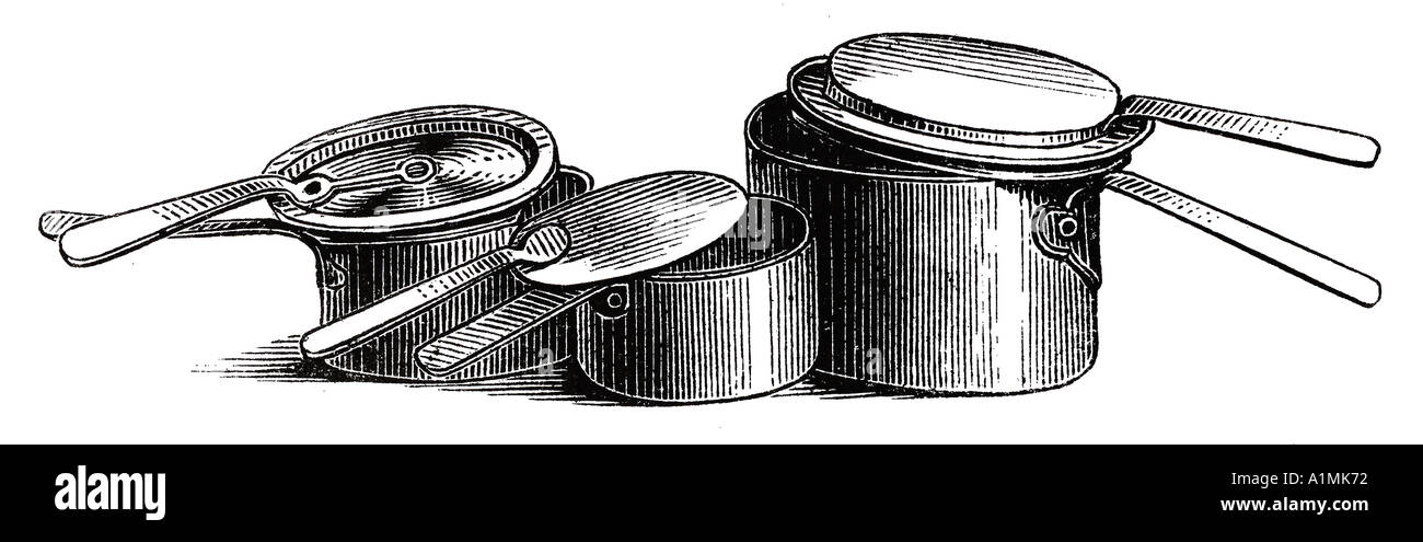 Various old pots and pans illustration Stock Photo