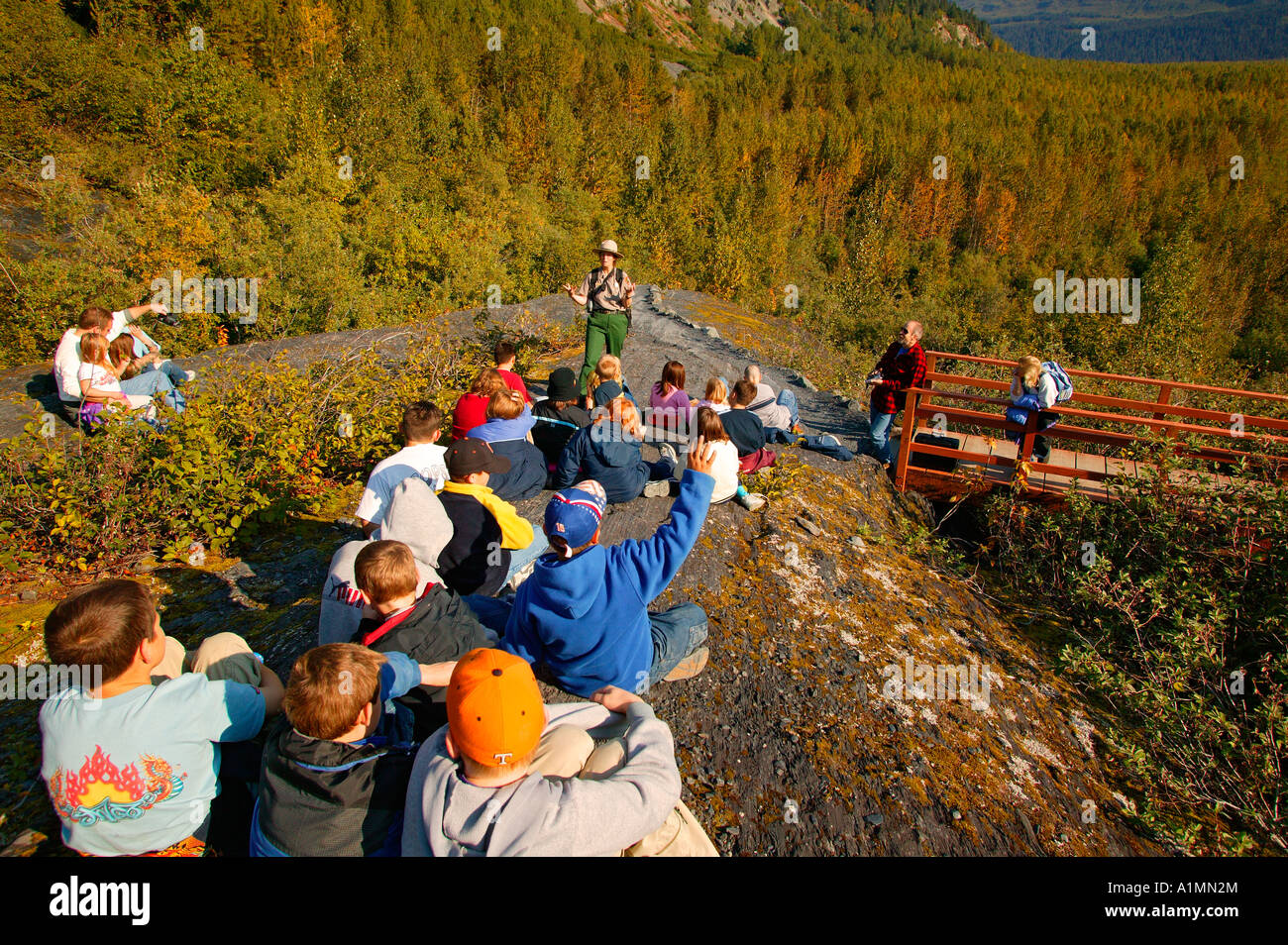 Students on a field trip with a Ranger at Exit Glacier Kenai Fjords National Park Alaska Stock Photo