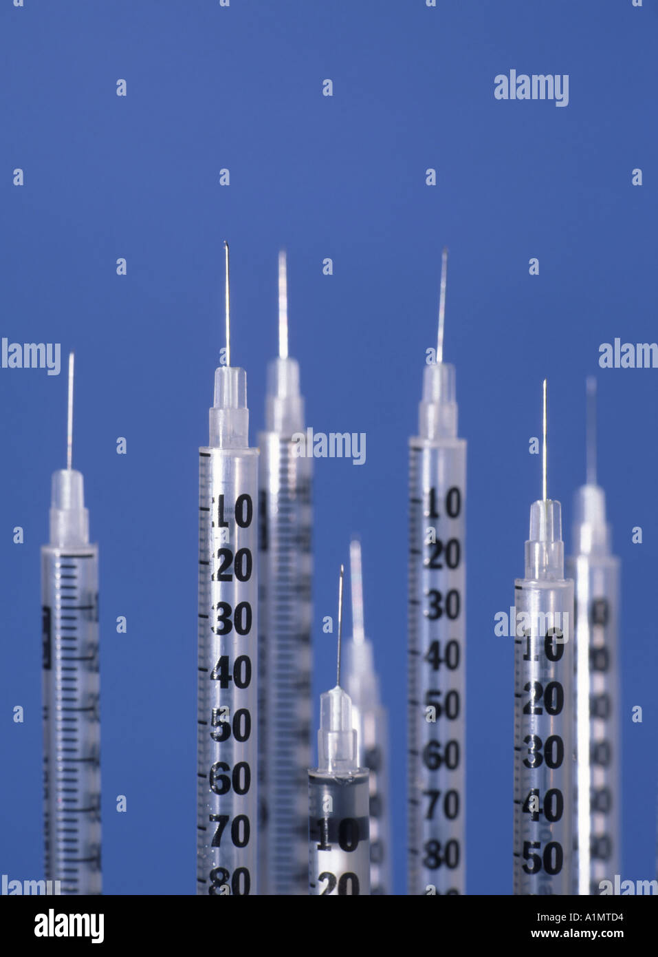 Syringes with caps removed used for insulin injection by diabetics as