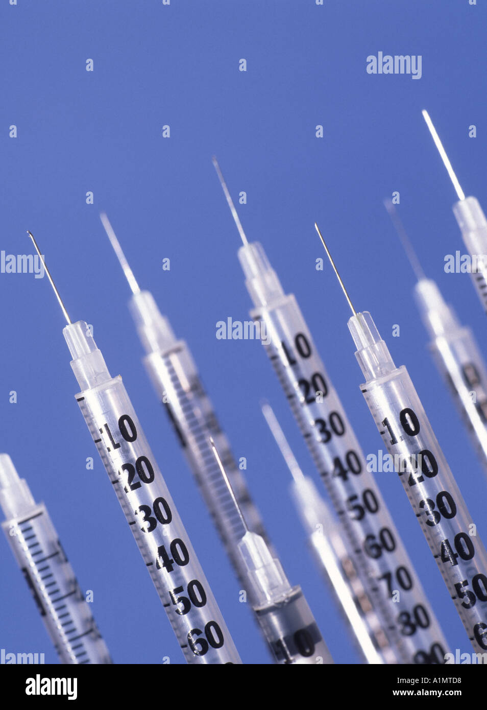 Syringes with caps removed used for insulin injection by diabetics as