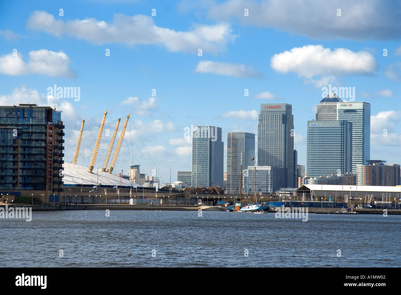 View of office buildings at Canary Wharf from The Royal Victoria Docks ...