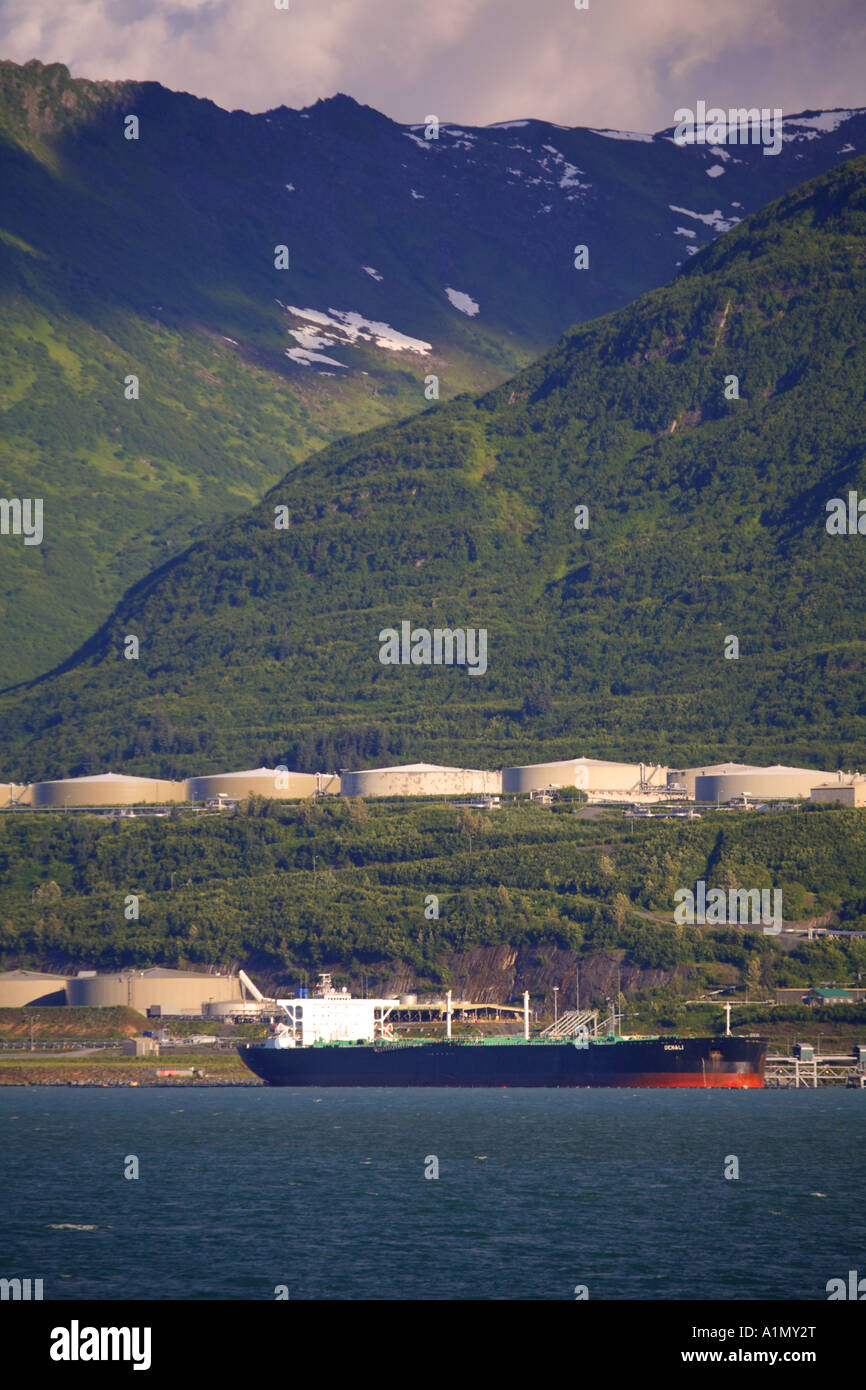 An Oil Tanker ship at the Port Valdez and the Trans Alaska Pipeline Terminal Prince William Sound Valdez Alaska Stock Photo