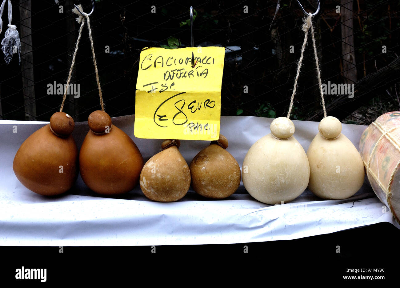 Italy Sorrento smoked and unsmoked Mozzarella cheeses for sale Stock